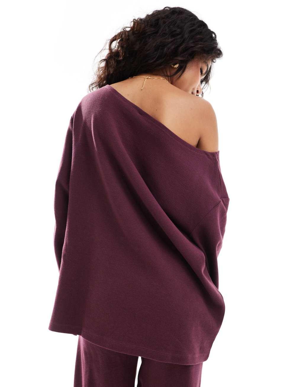 ASOS DESIGN oversized off the shoulder waffle knit top in burgundy - part of a set Product Image
