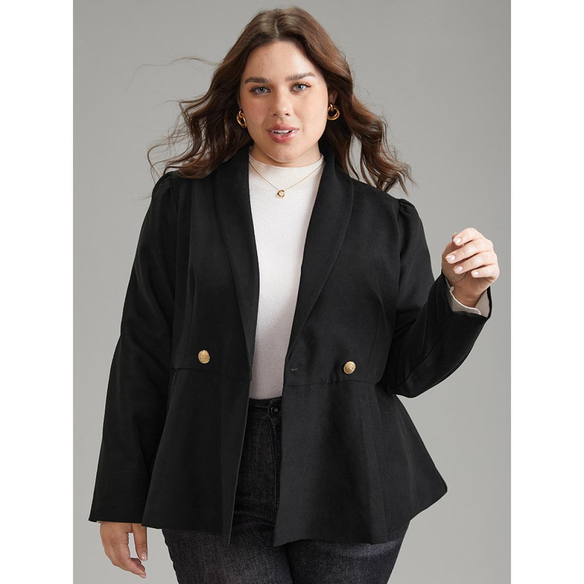 Plus Size Lapel Collar Plicated Detail Button Up Blazer Black Women Work Plain Lined Sleeve Long Sleeve Lapel Collar 12/L Workwear Essentials Blazers BloomChic Product Image