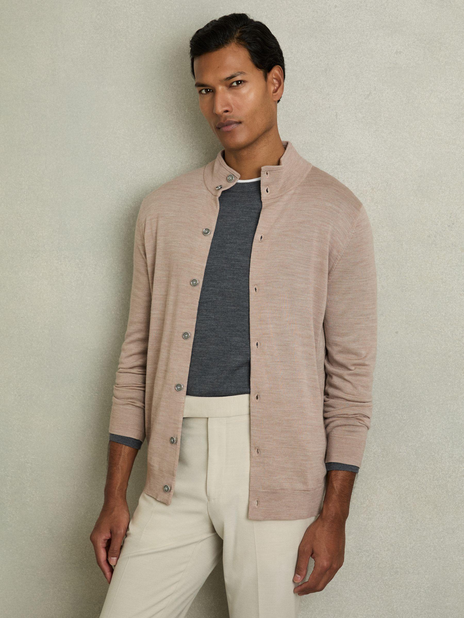 Merino Wool Button-Through Funnel Neck Cardigan in Wheat Melange Product Image