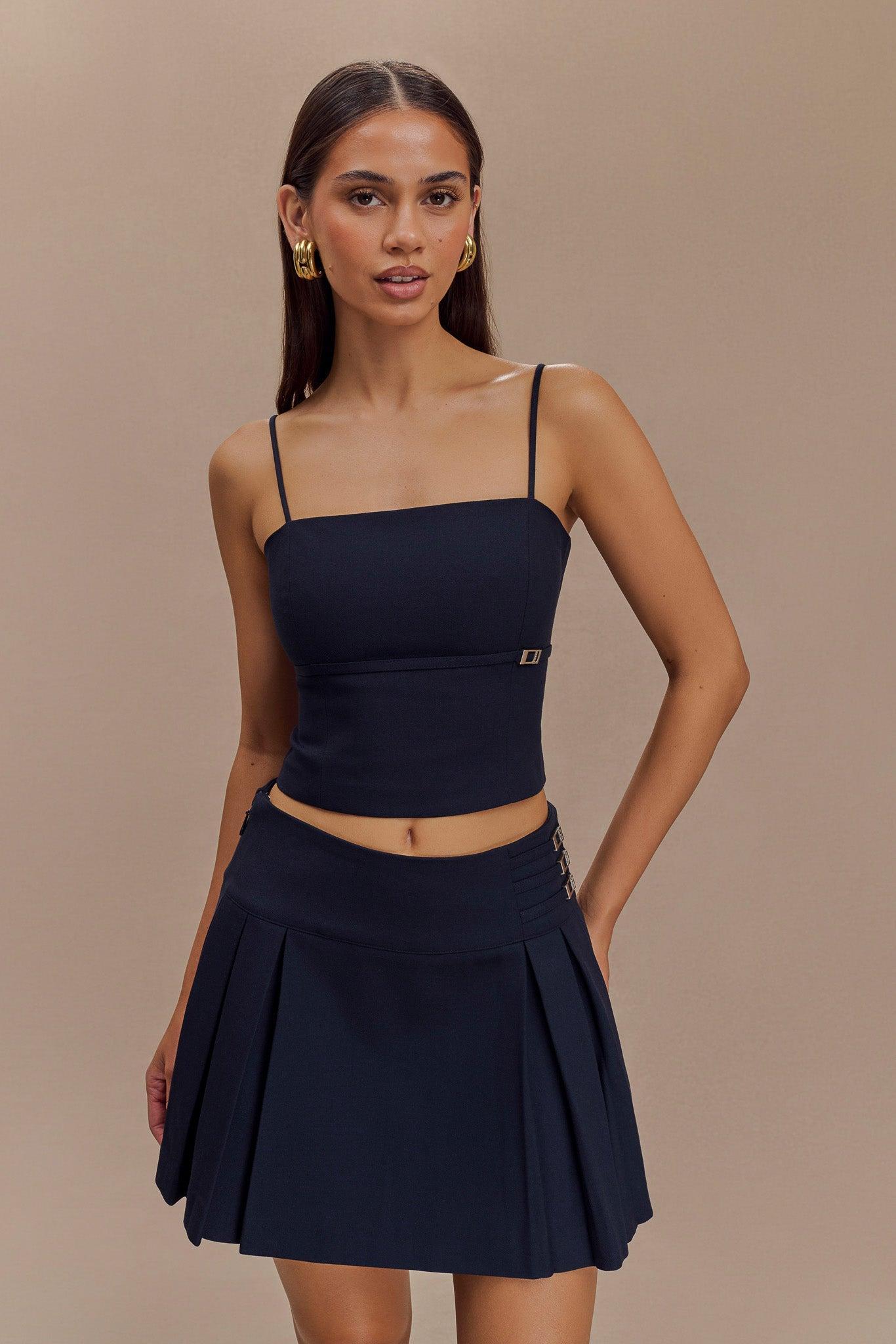 Angie Pleated Buckle Mini Skirt - Dark Navy Product Image
