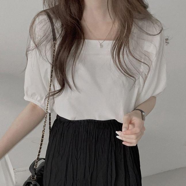 Elbow-Sleeve Square Neck Plain Blouse Product Image