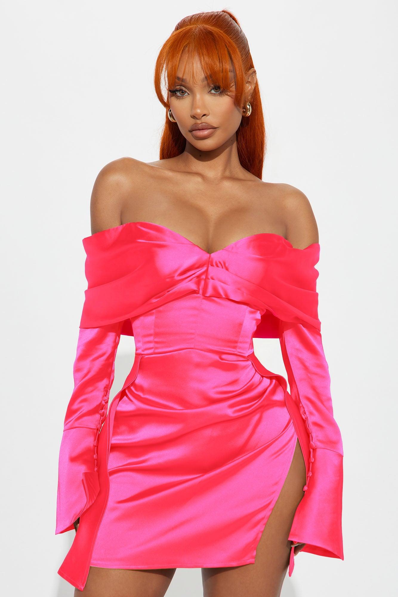 Kalena Off Shoulder Satin Mini Dress - Hot Pink Product Image