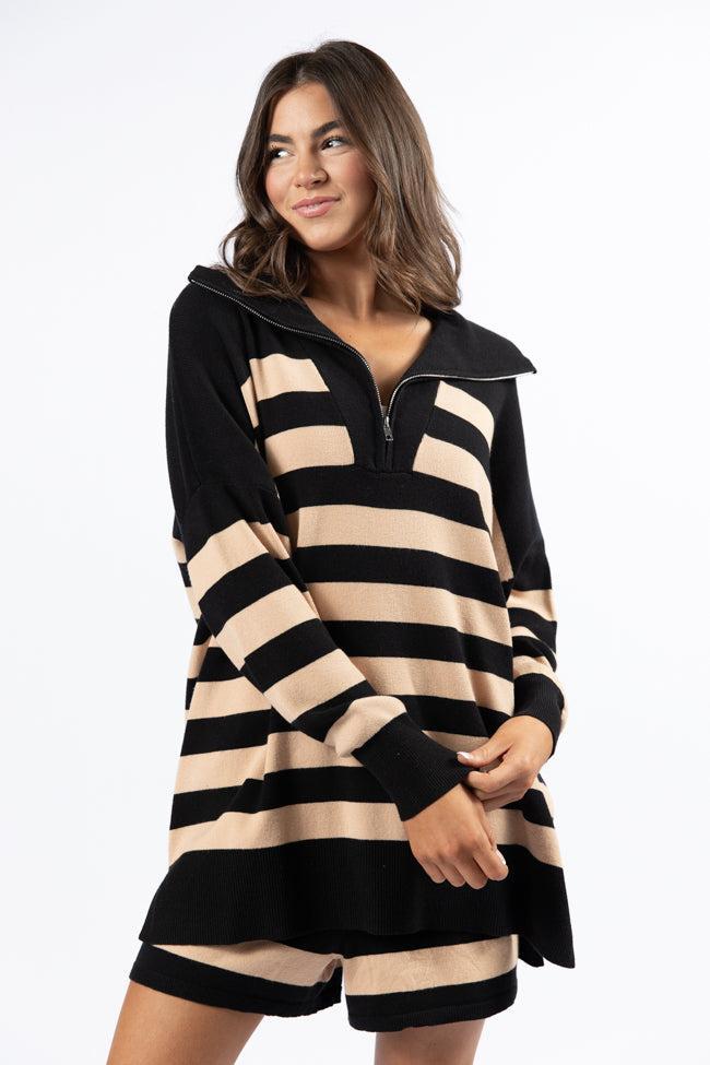Pulling Heartstrings Black And Tan Striped Quarter Zip Pullover SALE Product Image