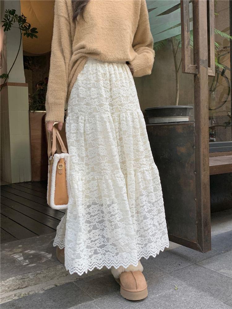 High Rise Lace Maxi A-Line Skirt Product Image