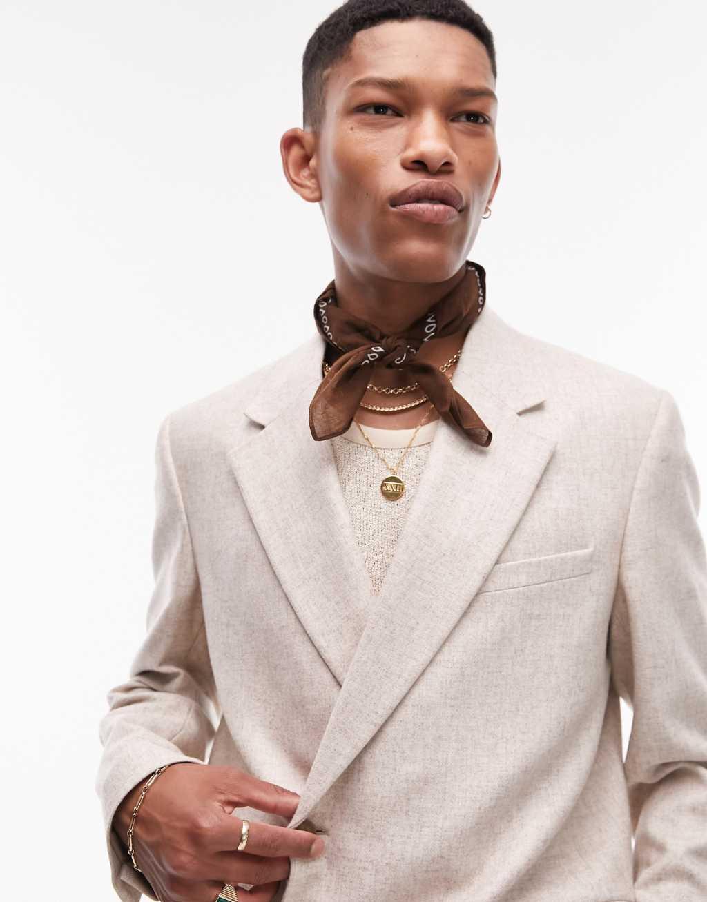 Topman double breasted wool mix wrap suit jacket in ecru Product Image