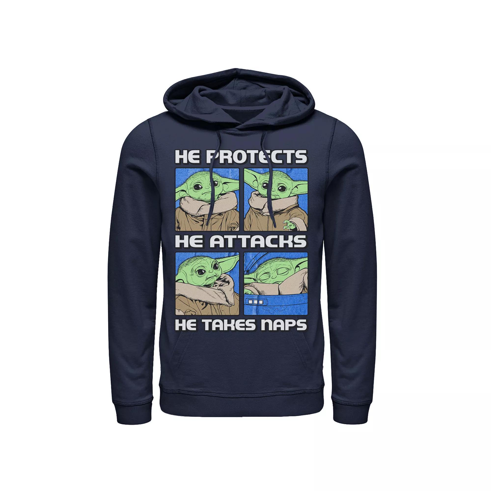 Men's Star Wars: The Mandalorian The Child "He Protects He Attacks He Takes Naps" Box Up Hoodie, Size: Small, Blue Product Image