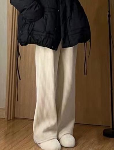 High Rise Plain Ribbed Loose Fit Pants Product Image