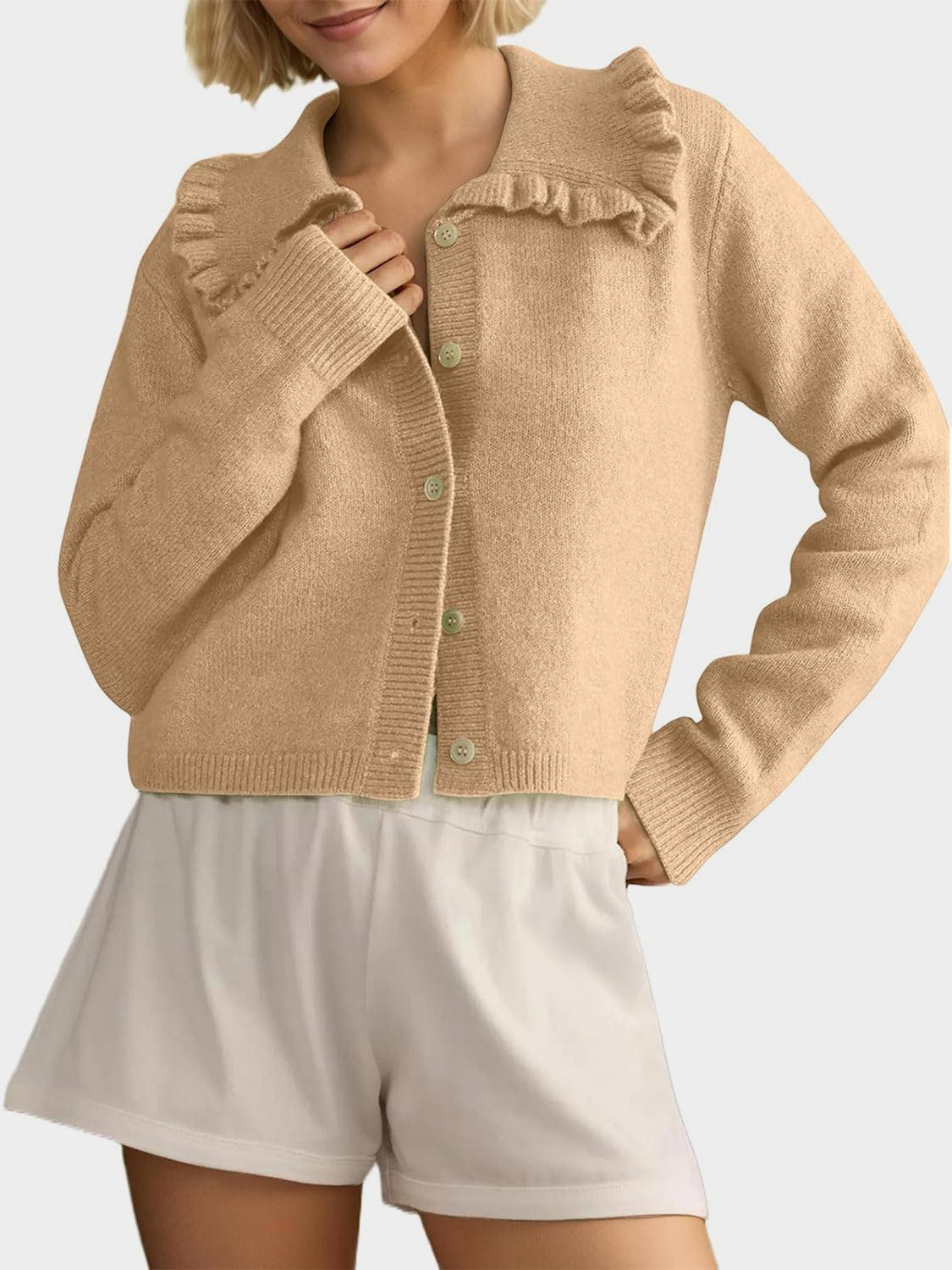 Frill Button Up Collared Neck Long Sleeve Cardigan Product Image