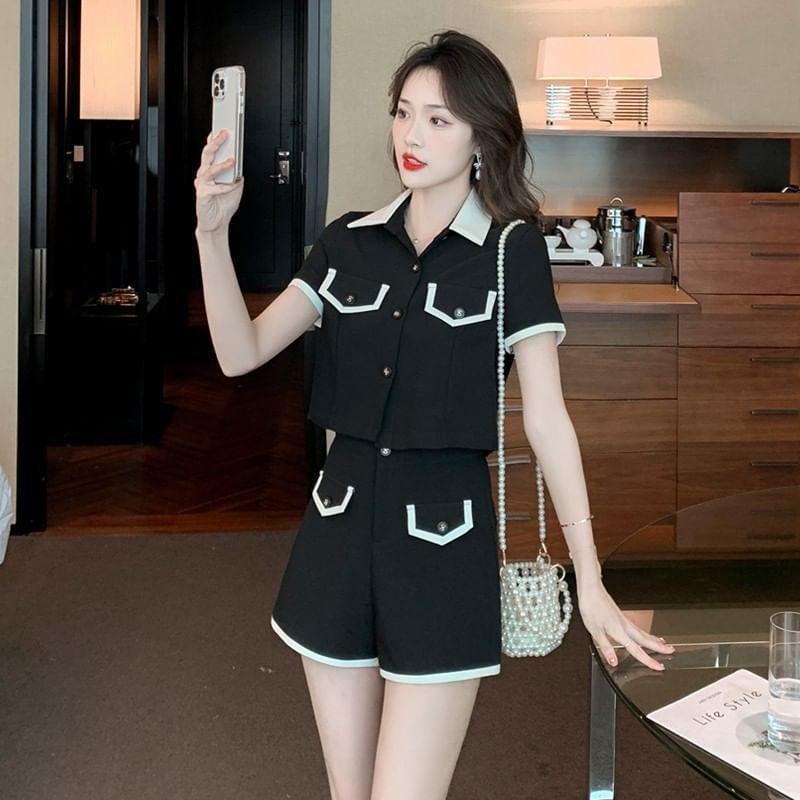Short-Sleeve Contrast Collar Button-Up Midi Shirtdress / Short-Sleeve Button-Up Shirt / Shorts / Set Product Image