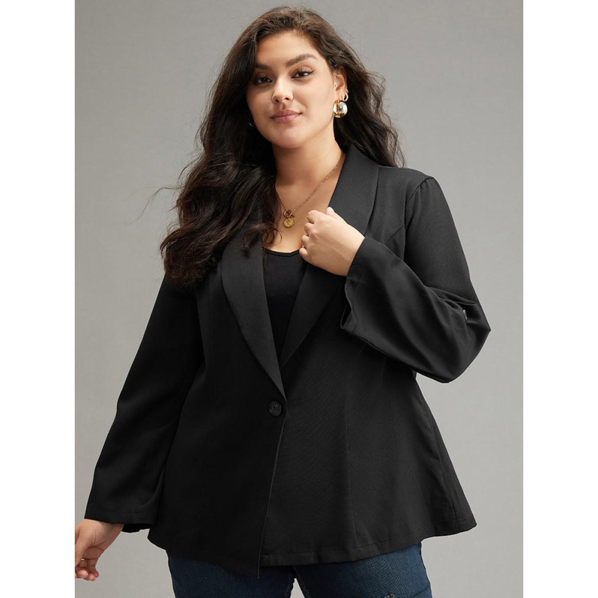 Plus Size Plain Roll Tab Sleeve Lapel Collar Blazer Black Women Dailywear Plain Plain Sleeve Long Sleeve Lapel Collar 12/L Casual Blazers BloomChic Product Image