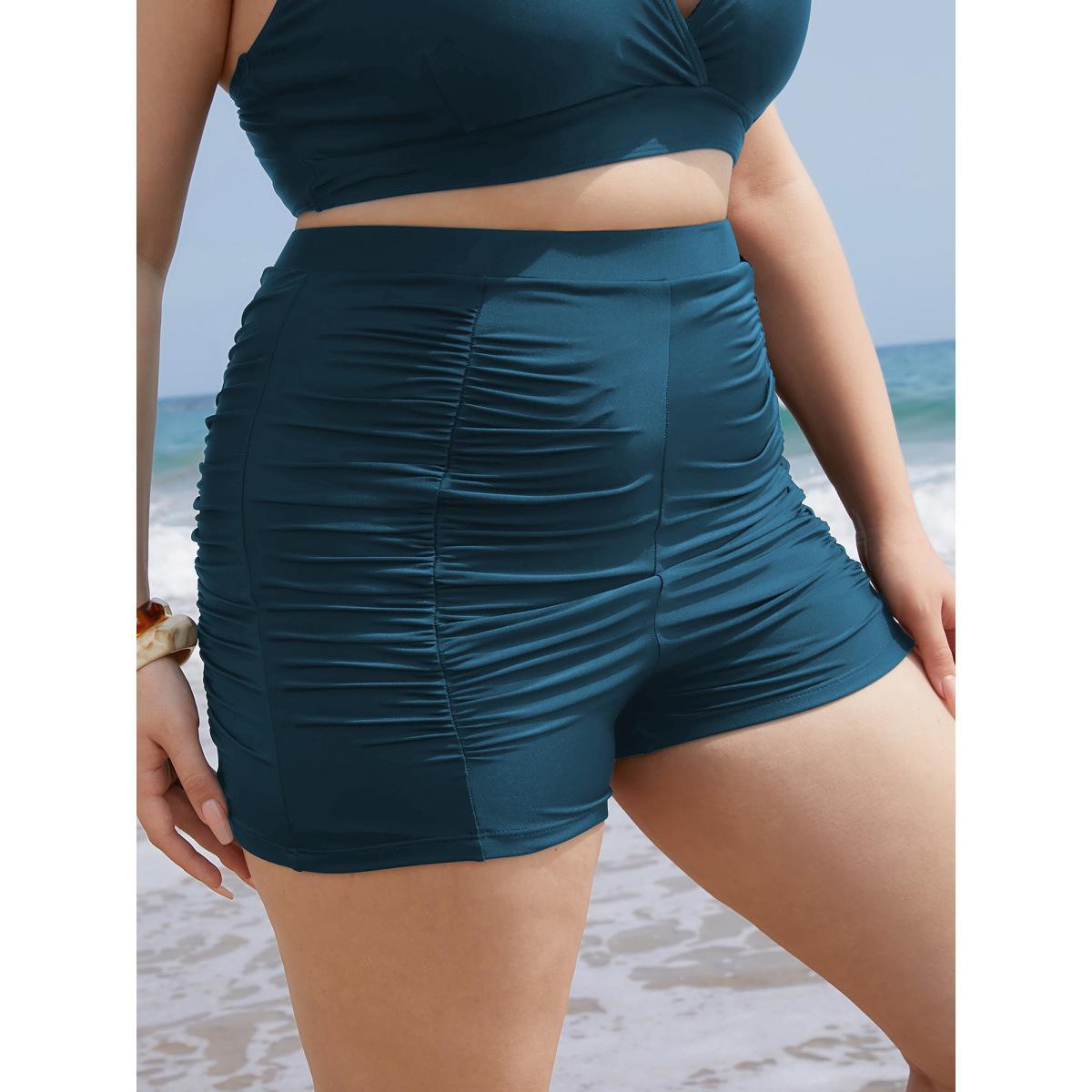 Plus Size Solid High Waist Ruched Detail Swim Shorts Women's Swimwear Cyan Beach Gathered High stretch Skinny High Rise Curve Swim Bottoms BloomChic 14-16/1X Product Image