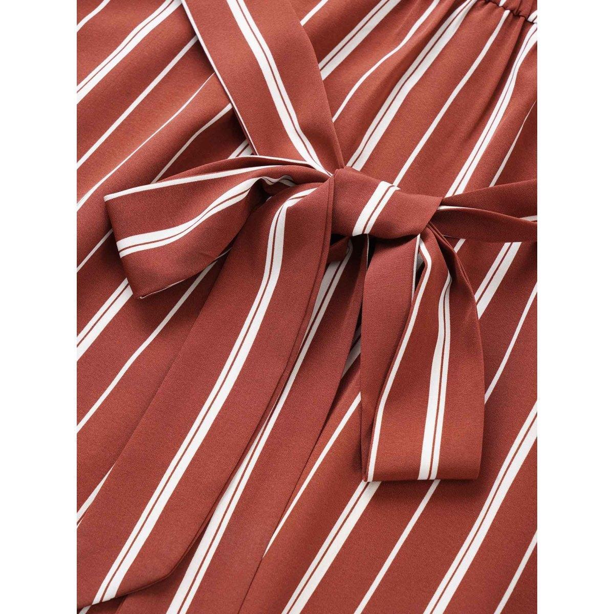Plus Size Striped Keyhole Pocket Belted Elastic Waist Dress Russet Women At the Office Non Notched collar Half Sleeve Curvy Midi Dress BloomChic 28/5X Product Image