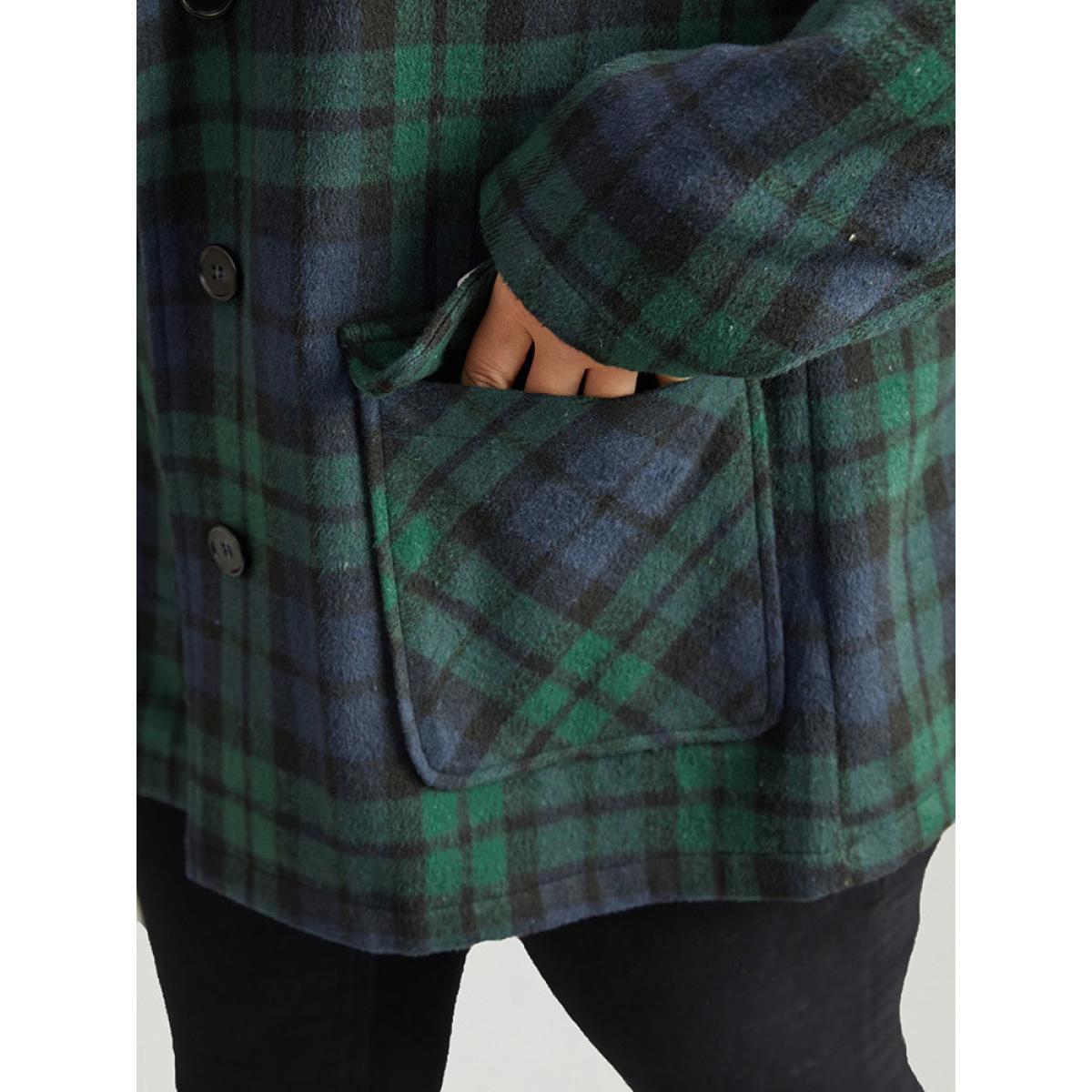 Plus Size Plaid Button Fly Hooded Fuzzy Trim Coat Women Emerald Casual Contrast Ladies Dailywear Winter Coats BloomChic 12/L Product Image
