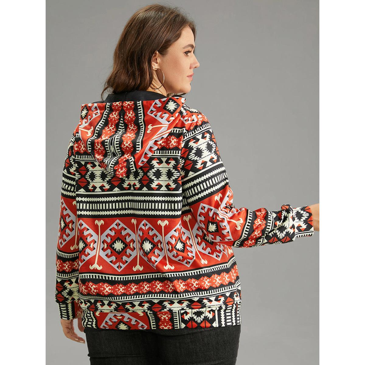 Plus Size Bandana Geometric Hooded Kangaroo Pocket Sweatshirt Women Red Casual Printed Hooded Dailywear Sweatshirts BloomChic 30/6X Product Image