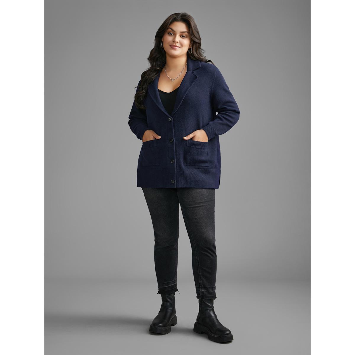 Plus Size Supersoft Essentials Suit Collar Patch Pocket Cardigan Midnight Women Casual Loose Long Sleeve Everyday Cardigans BloomChic 12/L Product Image