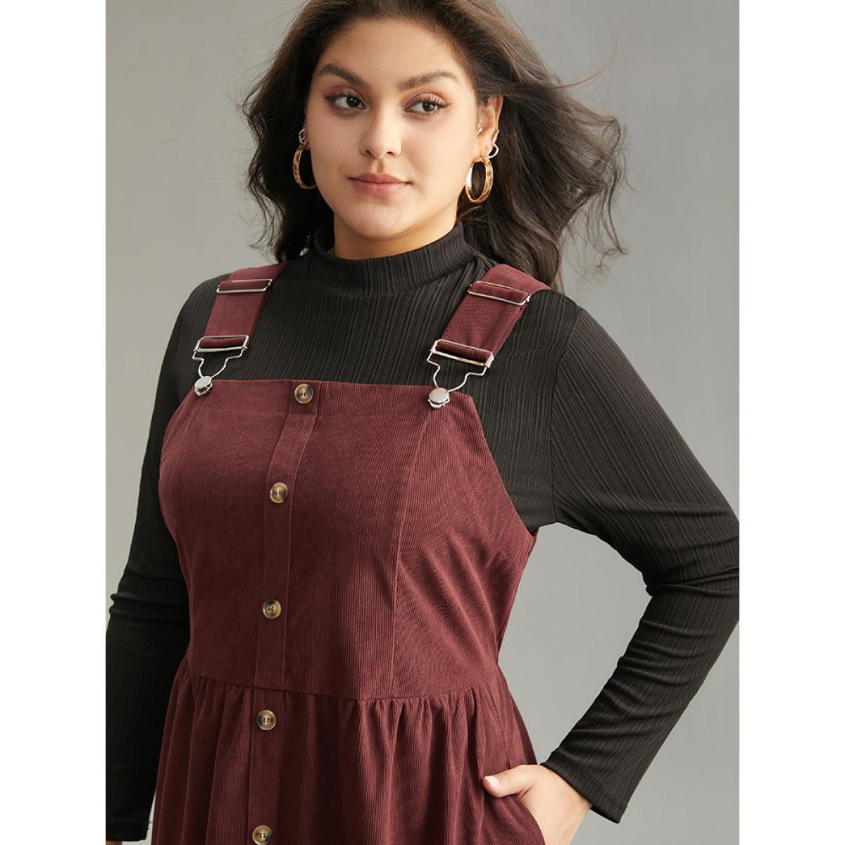 Plus Size Corduroy Button Detail Ruffles Adjustable Straps Dress Chocolate Women Casual Adjustable Straps Spaghetti Strap Sleeveless Curvy Midi Dress BloomChic 10/M Product Image