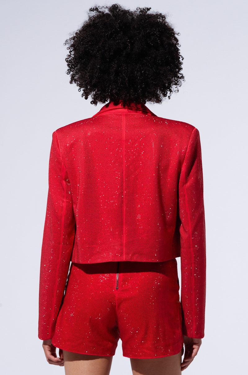 POP STAR HOT FIX RHINESTONE CROPPED BLAZER IN RED Product Image