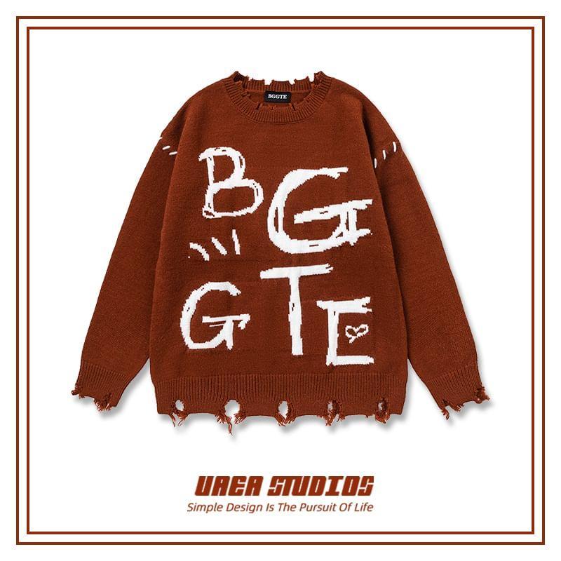 Couple Matching Crew Neck Lettering Distressed Sweater Product Image