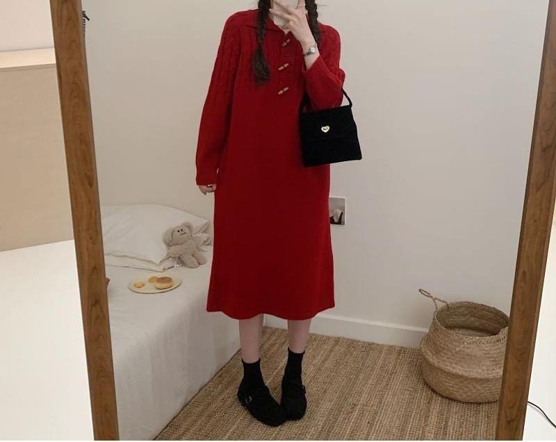 Long-Sleeve Polo-Neck Plain Midi Sweater Dress Product Image