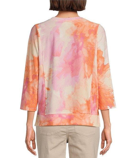 Westbound Watercolor Dahlia Knit 3/4 Sleeve Crew Neck Ribbed Detail Multi Print Top Product Image