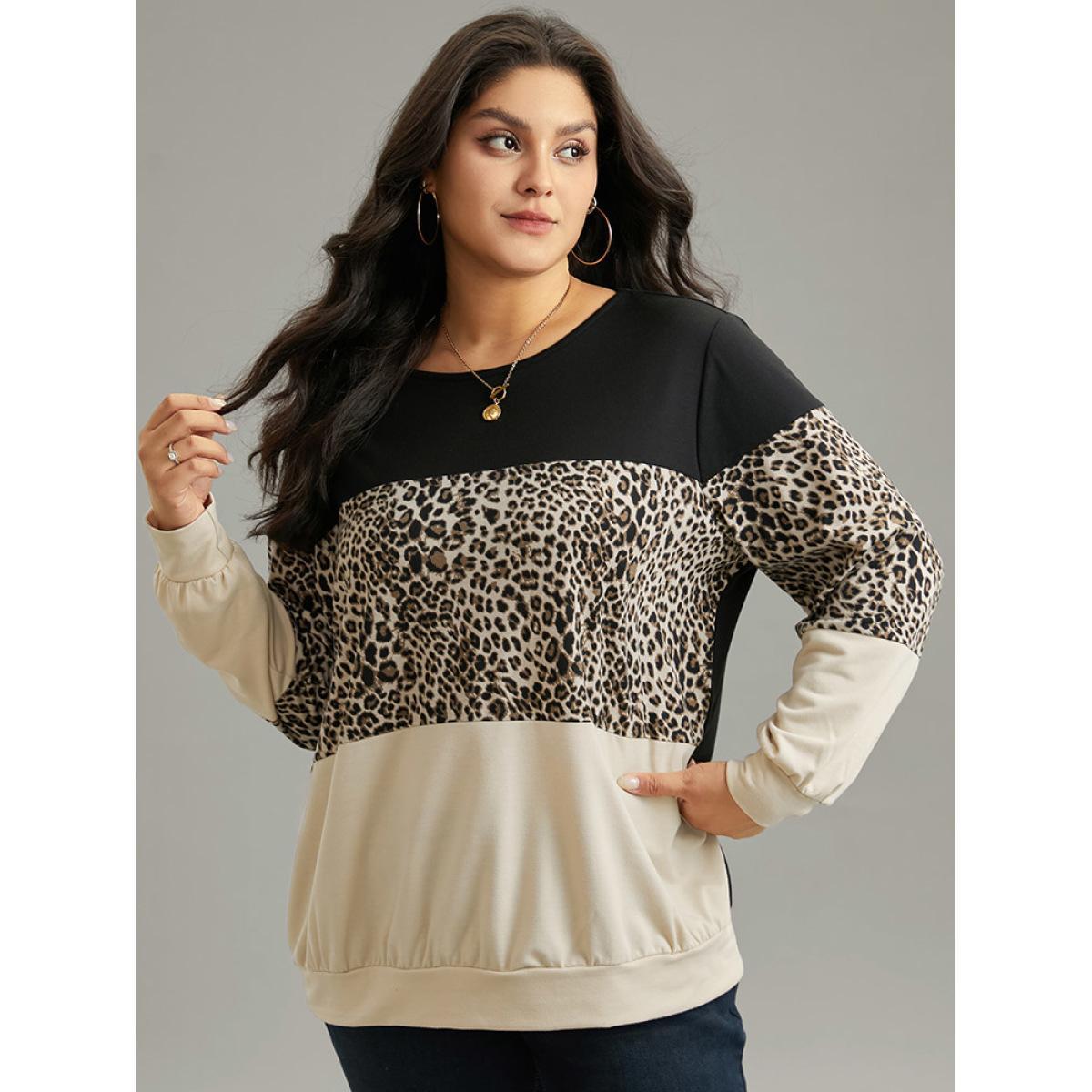 Plus Size Leopard Contrast Elastic Hem Sweatshirt Women Black Casual Contrast Round Neck Dailywear Sweatshirts BloomChic 14-16/1X Product Image