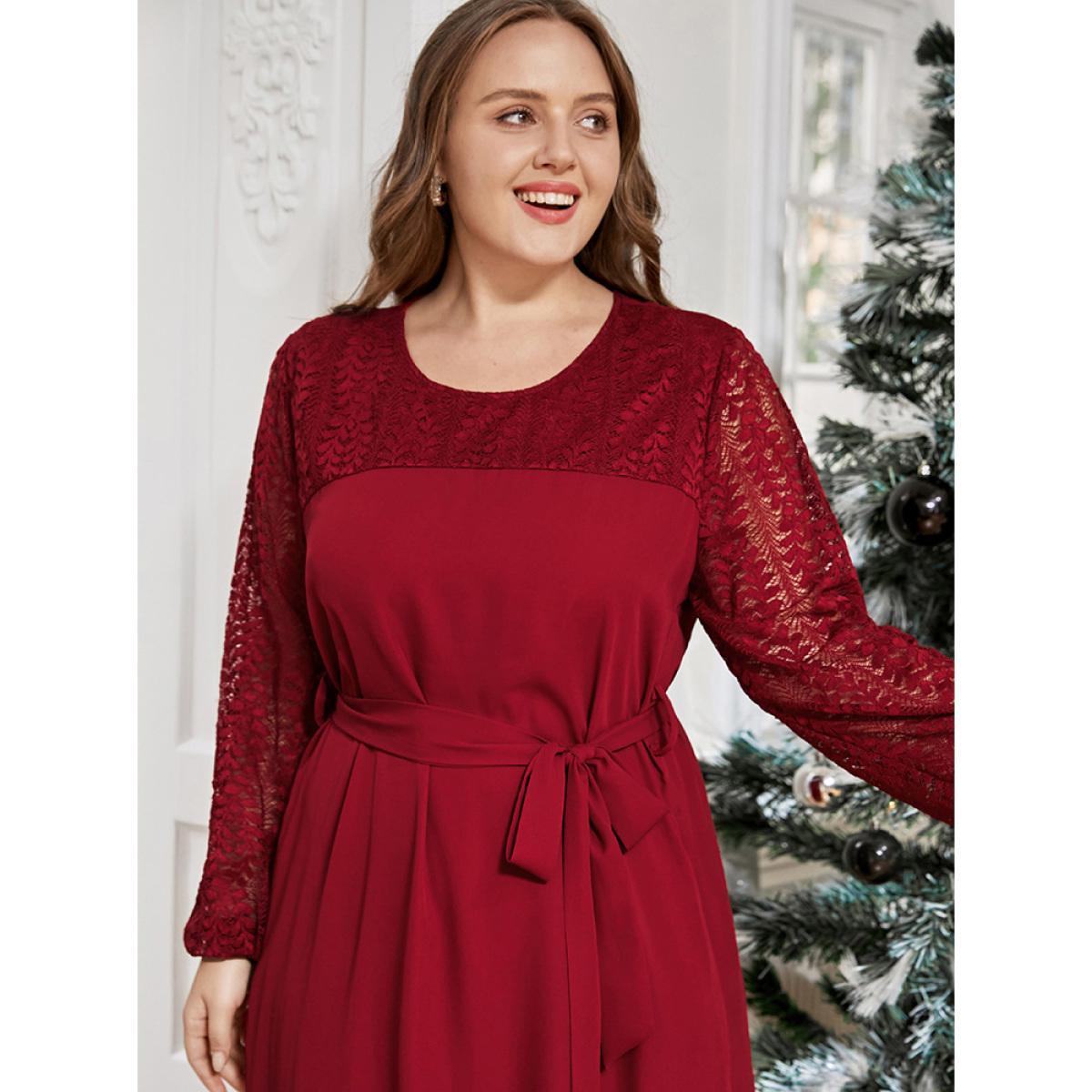 Plus Size Solid Lantern Sleeve Pocket Belted Contrast Lace Dress Burgundy Women Elegant Belted Round Neck Long Sleeve Curvy Midi Dress BloomChic 12/L Product Image