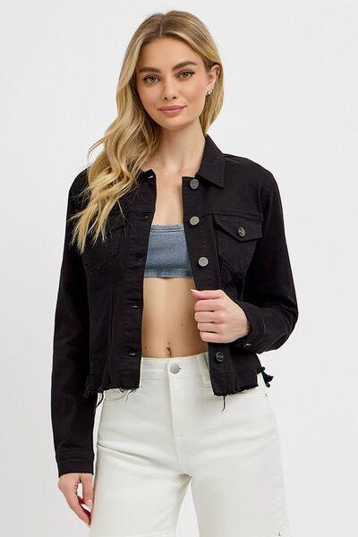 RISEN Irregular Fray Hem Button Up Women's Denim Jacket Product Image