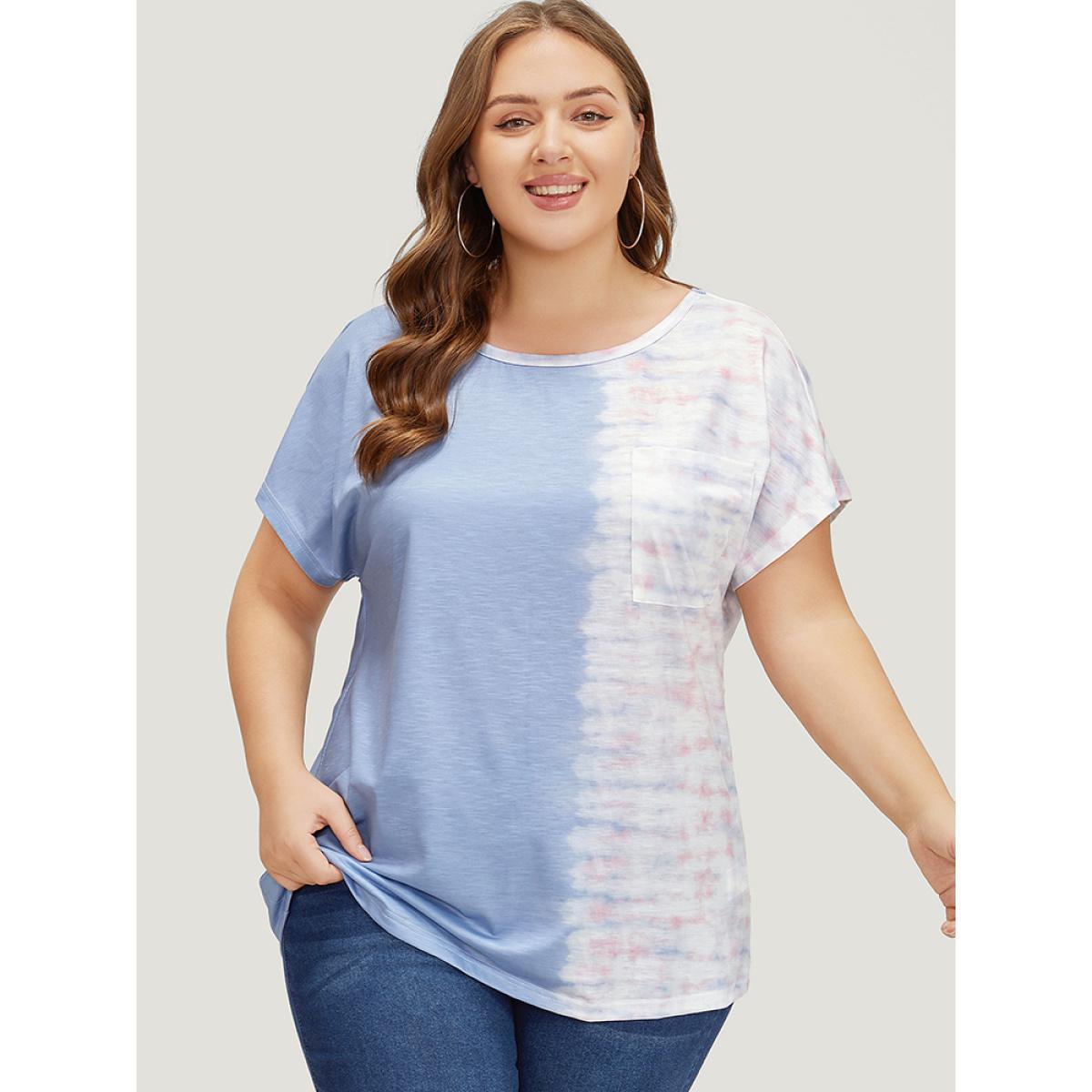 Plus Size Tie Dye Batwing Sleeve Cut Out Two Tone T-shirt Multicolor Women Casual Contrast Colorblock Round Neck Dailywear T-shirts BloomChic 10/M Product Image