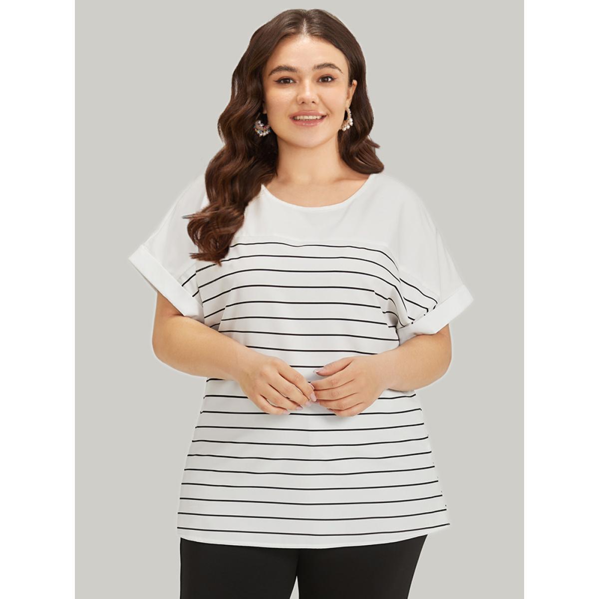 Plus Size White Striped Patchwork Roll Batwing Sleeve Blouse Women Office Short sleeve Round Neck Work Blouses BloomChic 22-24/3X Product Image