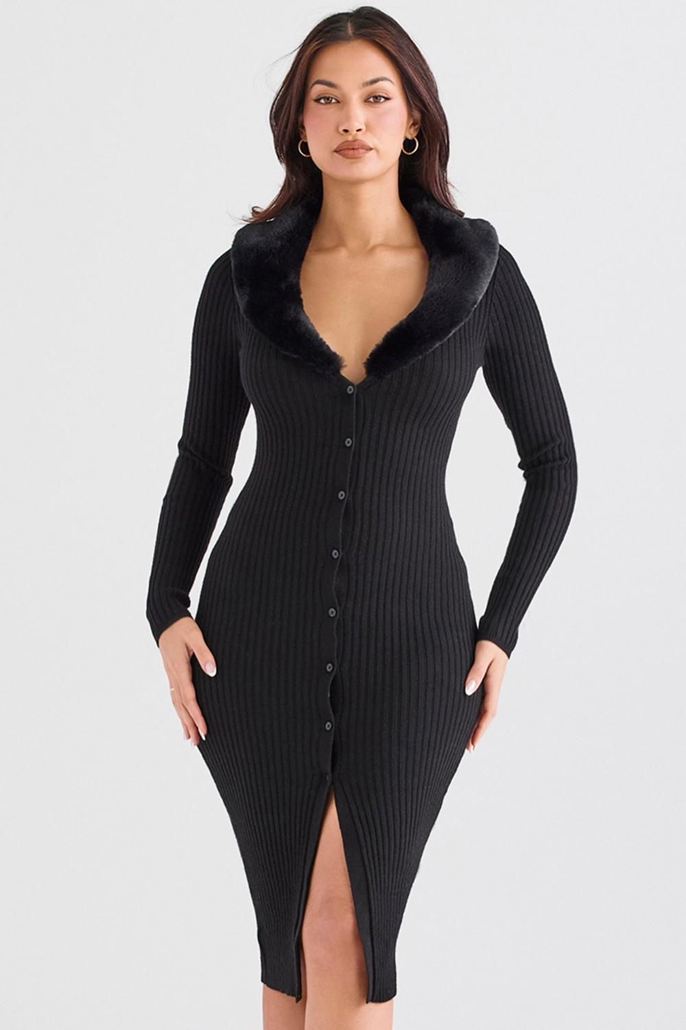 Raine Black Faux Fur Trim Dress Product Image
