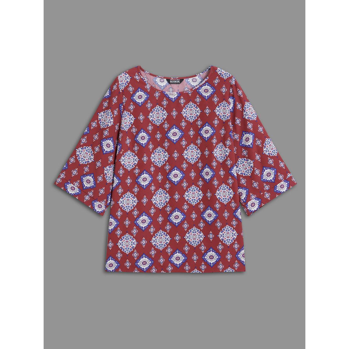 Plus Size Scarlet Round Neck Bandana Print Blouse Women Resort Elbow-length sleeve Round Neck Vacation Blouses BloomChic 22-24/3X Product Image