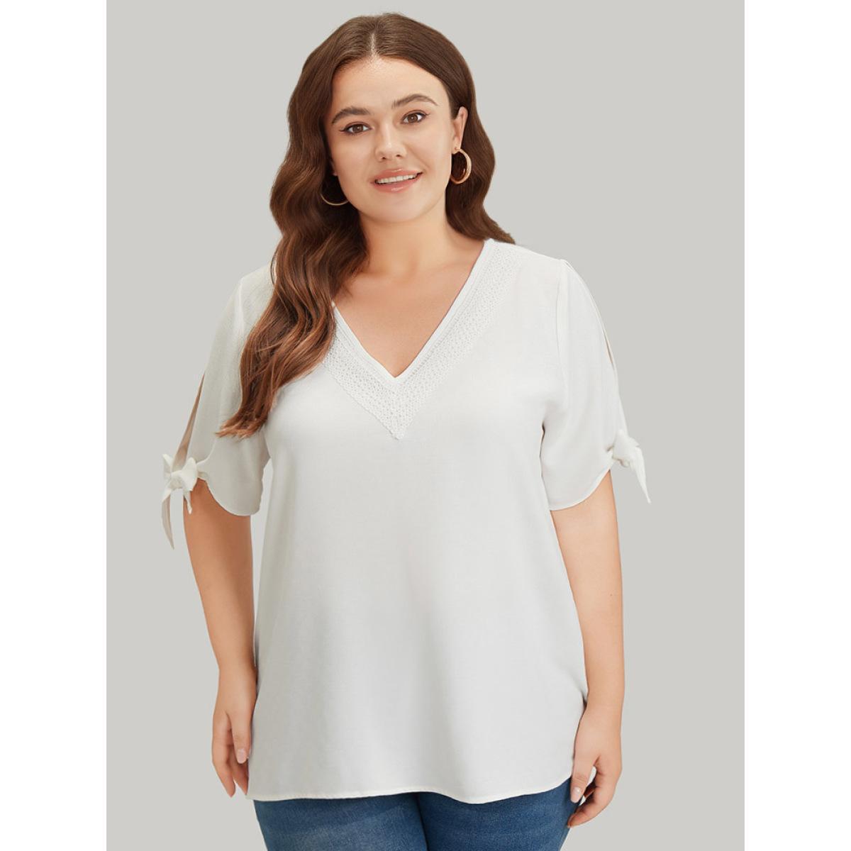 Plus Size Ivory Anti-Wrinkle Plain Lace Cut Out Knot Sleeve Blouse Women Office Short sleeve V-neck Work Blouses BloomChic 22-24/3X Product Image