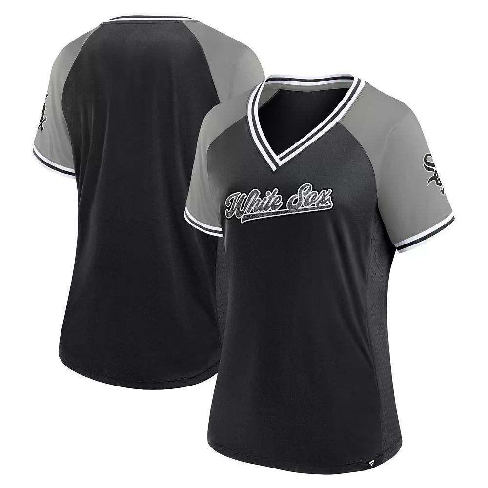 Women's Fanatics Black Chicago White Sox Glitz & Glam League Diva Raglan V-Neck T-Shirt, Size: 2XL Product Image