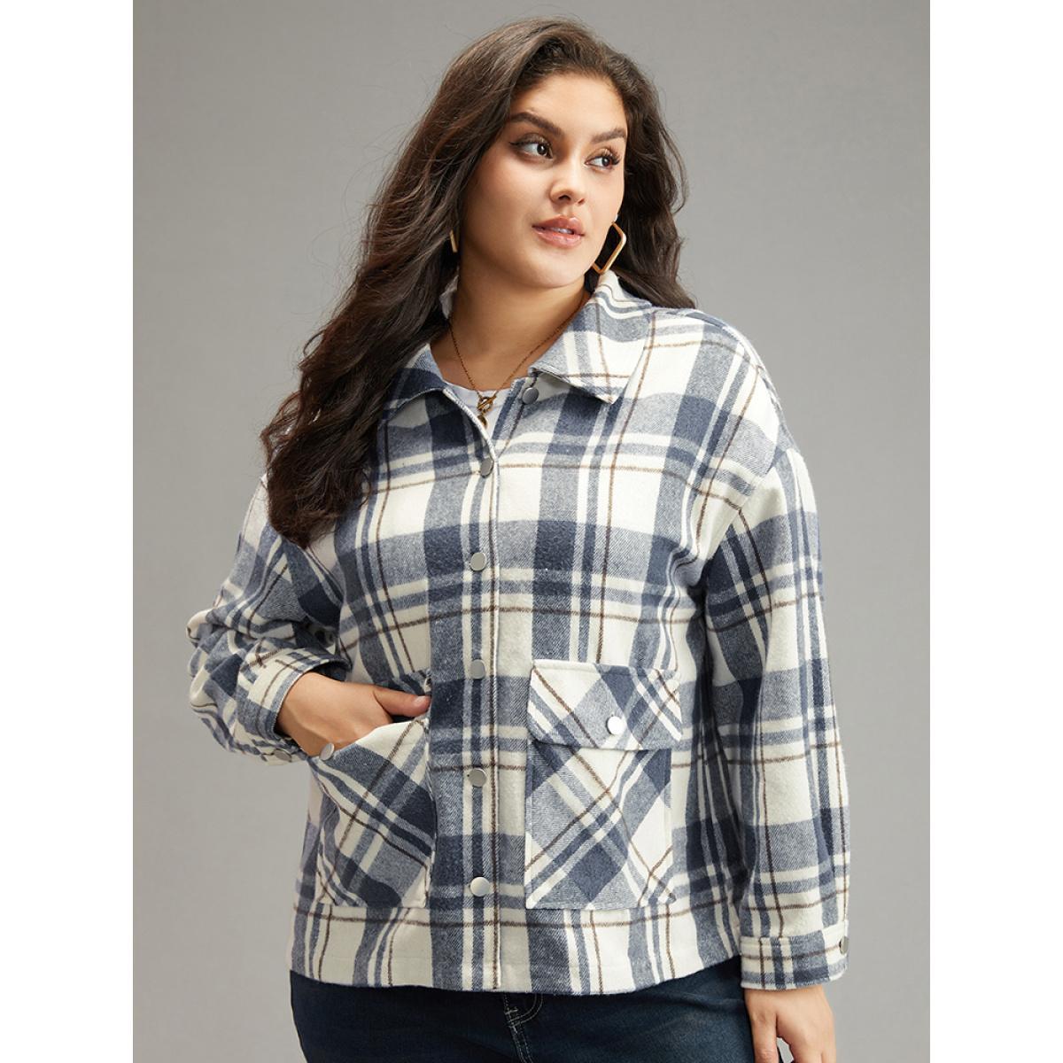 Plus Size Plaid Lapel Collar Metal Detail Pocket Shacket Women DarkBlue Casual Contrast Ladies Everyday Winter Coats BloomChic 14-16/1X Product Image