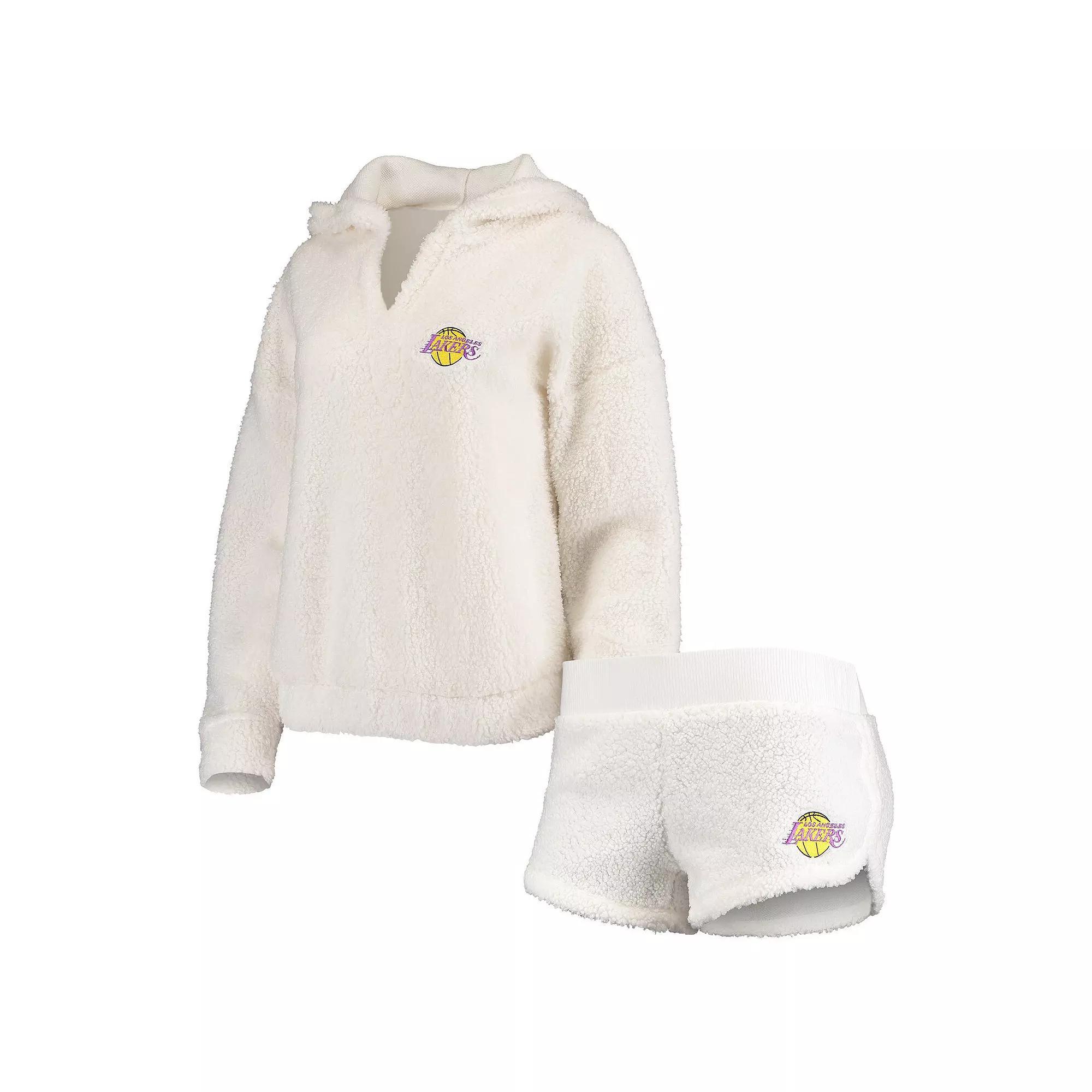 Women's Concepts Sport Cream Los Angeles Lakers Fluffy Long Sleeve Hoodie Top & Shorts Sleep Set, Size: 2XL, Beige Product Image