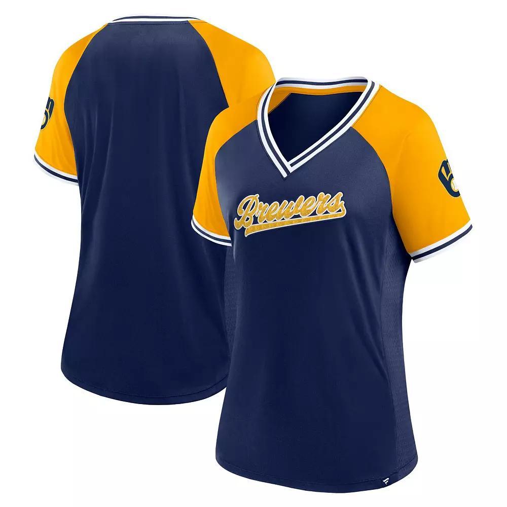 Women's Fanatics Navy Milwaukee Brewers Glitz & Glam League Diva Raglan V-Neck T-Shirt, Size: XS, Blue Product Image