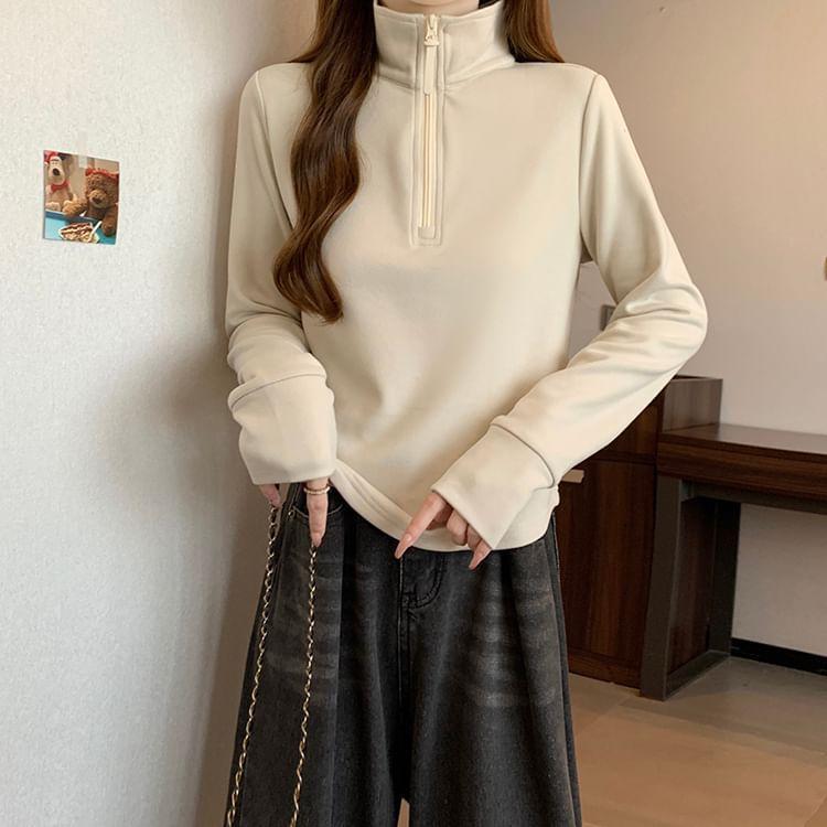 Long-Sleeve Mock Neck Plain Half-Zip T-Shirt Product Image