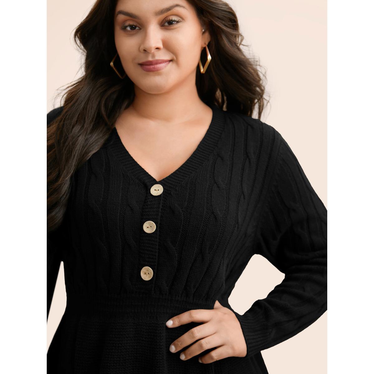 Plus Size Texture Cable Knit Button Detail Pullover Black Women Casual Long Sleeve V-neck Everyday Pullovers BloomChic 30/6X Product Image