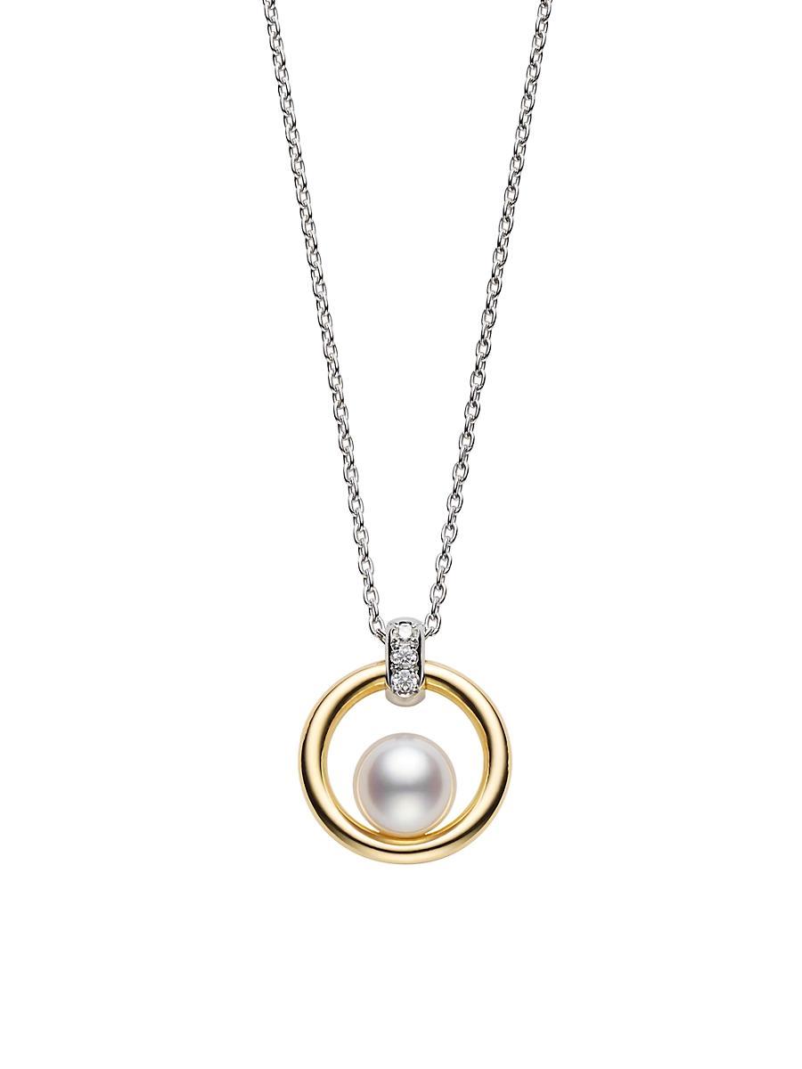 Womens Circle Two-Tone 18K Gold, Diamond & Floating 6MM Cultured Akoya Pearl Pendant Necklace Product Image