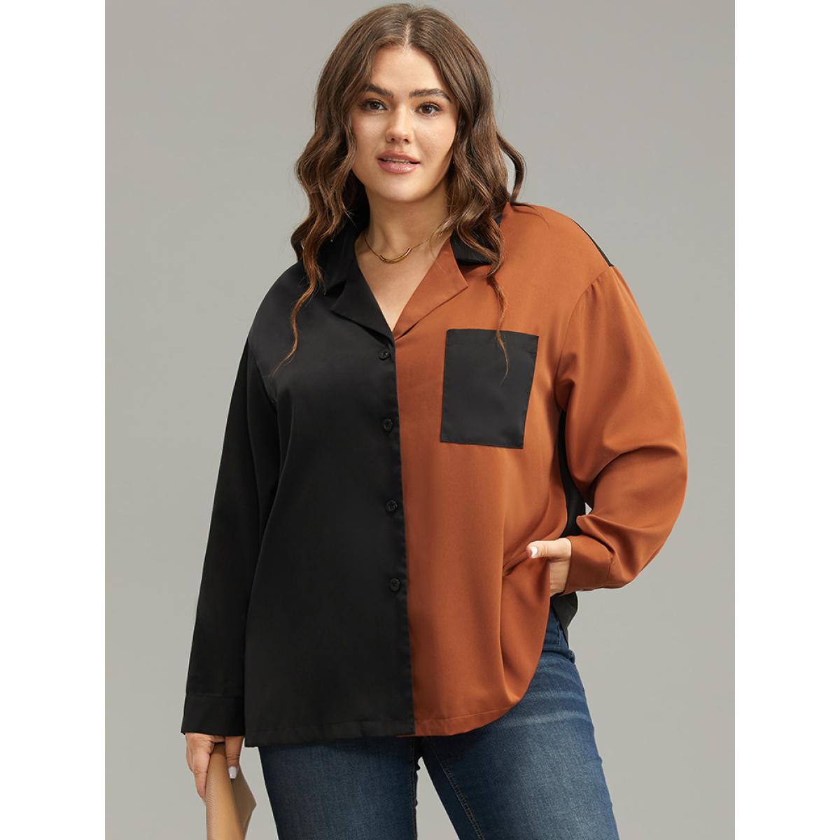 Plus Size Black Anti-Wrinkle Two Tone Patched Pocket Blouse Women Work From Home Long Sleeve Shirt collar Work Blouses BloomChic 28/5X Product Image