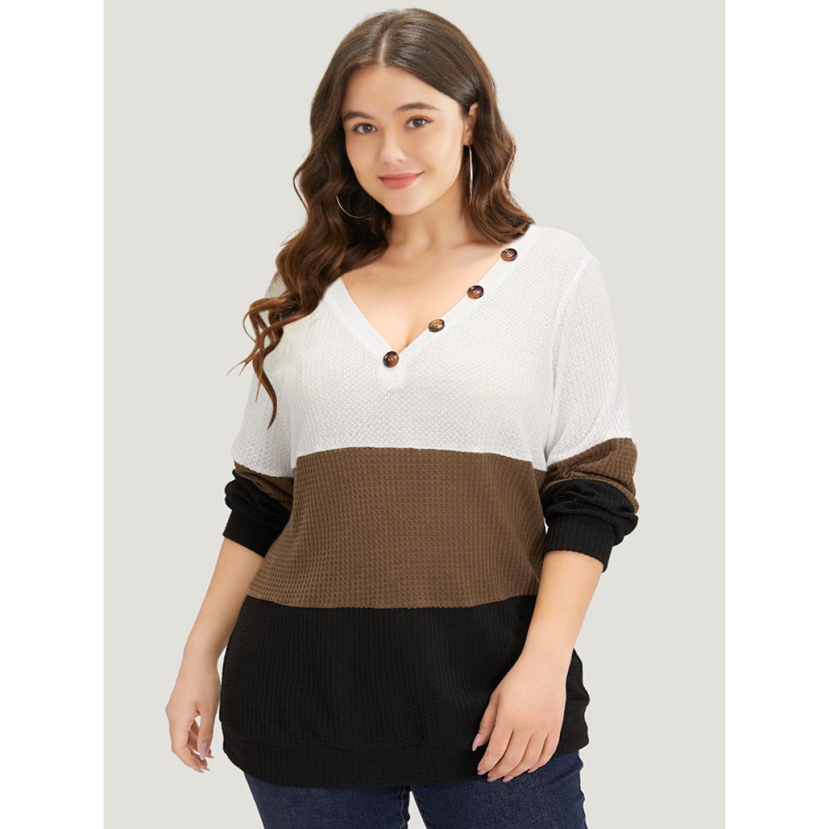 Plus Size Waffle Knit Patchwork Button Detail Contrast Sweatshirt Women Multicolor Casual Elastic cuffs V-neck Dailywear Sweatshirts BloomChic 12/L Product Image