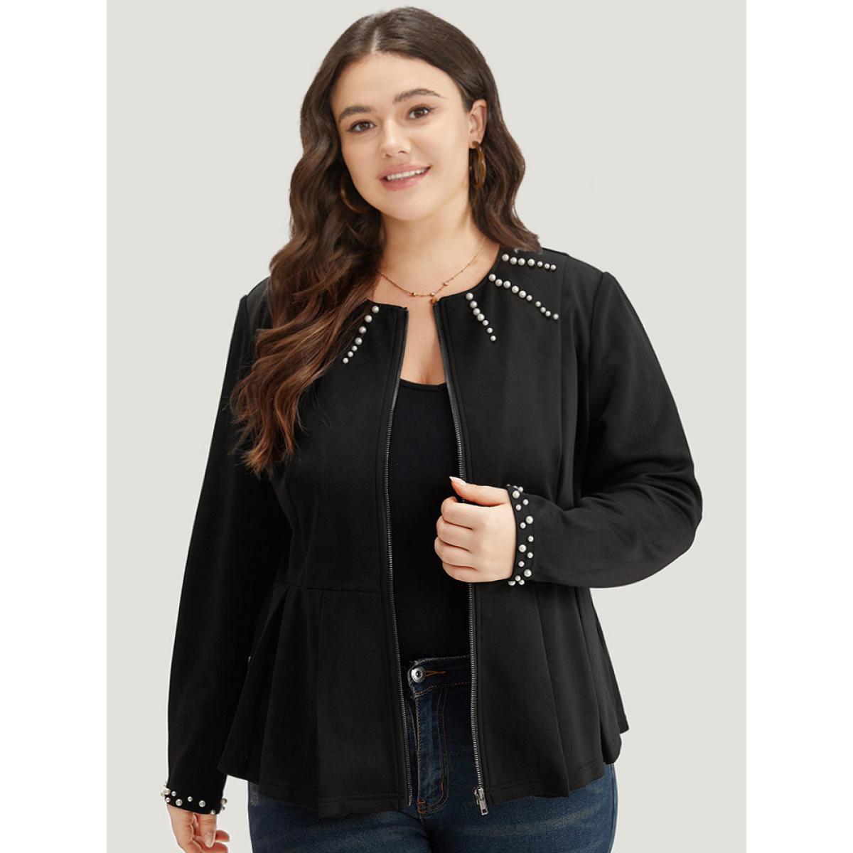 Plus Size Pearl Beaded Zipper Plicated Detail Coat Women Black Work From Home Plain Ladies Work Winter Coats BloomChic 10/M Product Image