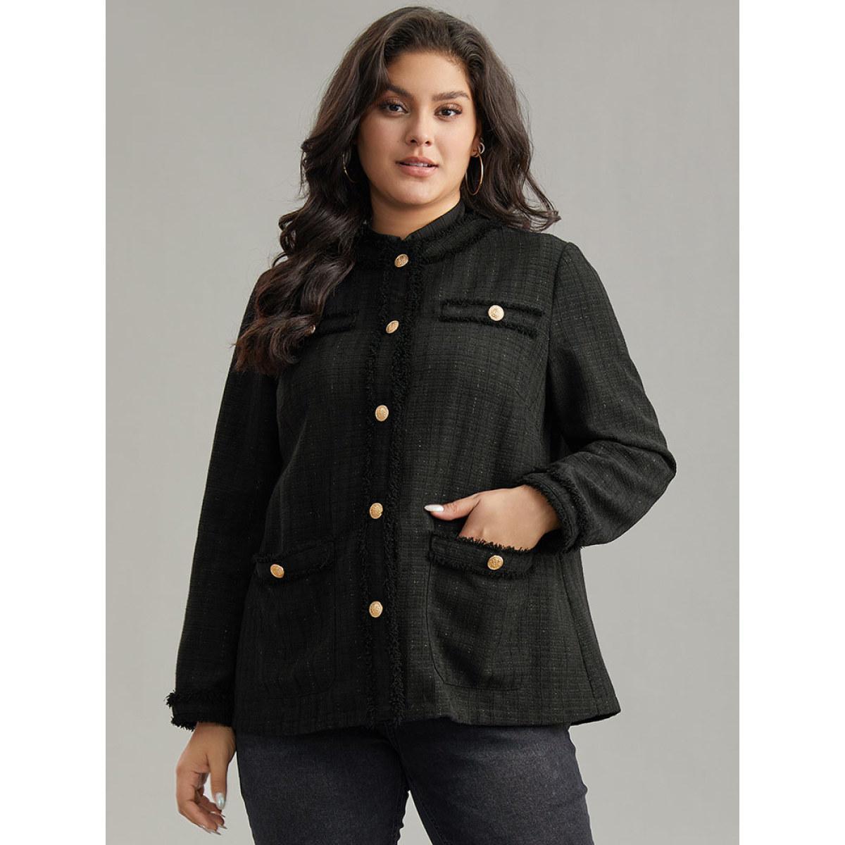 Plus Size Fuzzy Trim Pocket Metal Button Fly Jacket Women Black Casual Plain Ladies Everyday Winter Coats BloomChic 18-20/2X Product Image