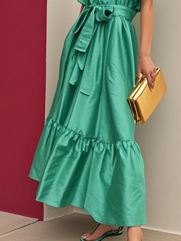 Flared Sleeves Loose Pleated Solid Color Split-Joint Tied Waist Lapel Maxi Dresses Shirt Dress Product Image