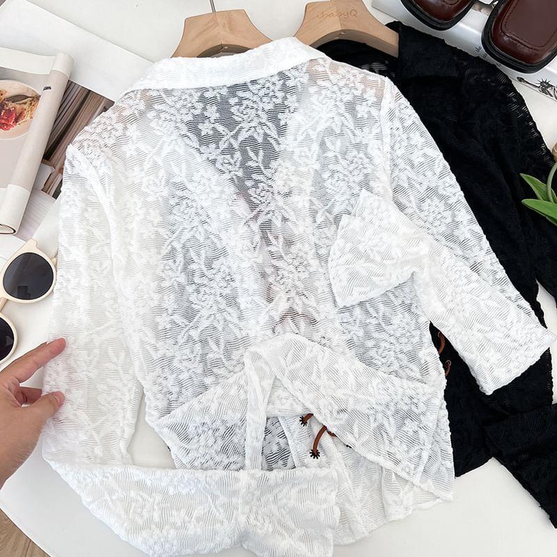 Flower Embroidered Lace-Up Lace Shirt Product Image