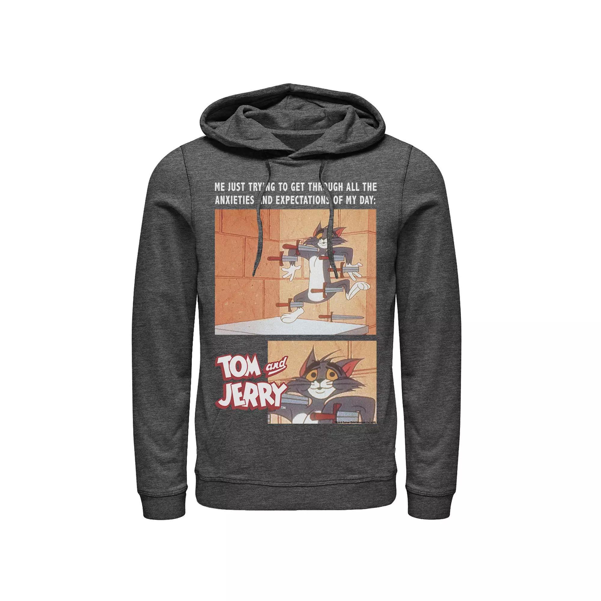 Men's Tom And Jerry Anxiety Meme Portrait Panels Hoodie, Size: Large, Grey Heather Product Image