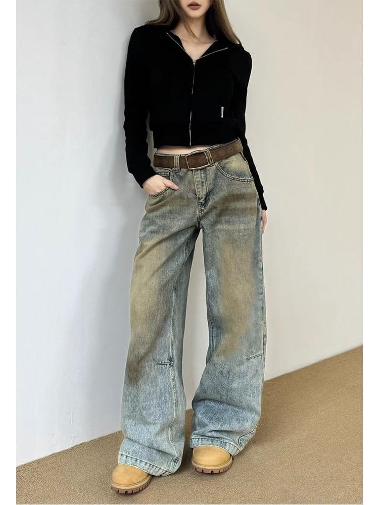 Low Rise Washed Ripped Straight-Fit Wide-Leg Jeans Product Image