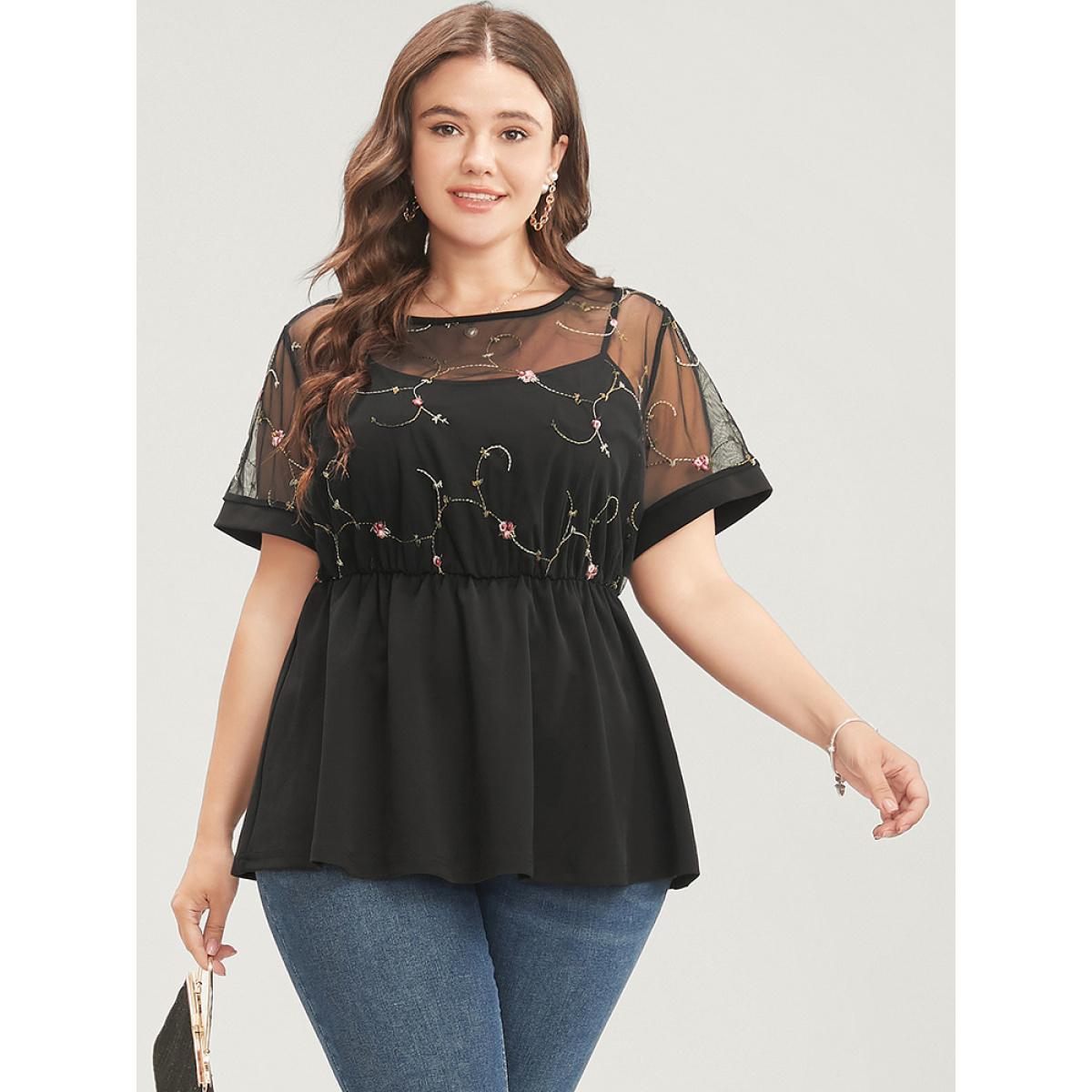 Plus Size Black Floral Embroidered Mesh Patchwork Ruffles Blouse Women Glamour Short sleeve Round Neck Party Blouses BloomChic 10/M Product Image