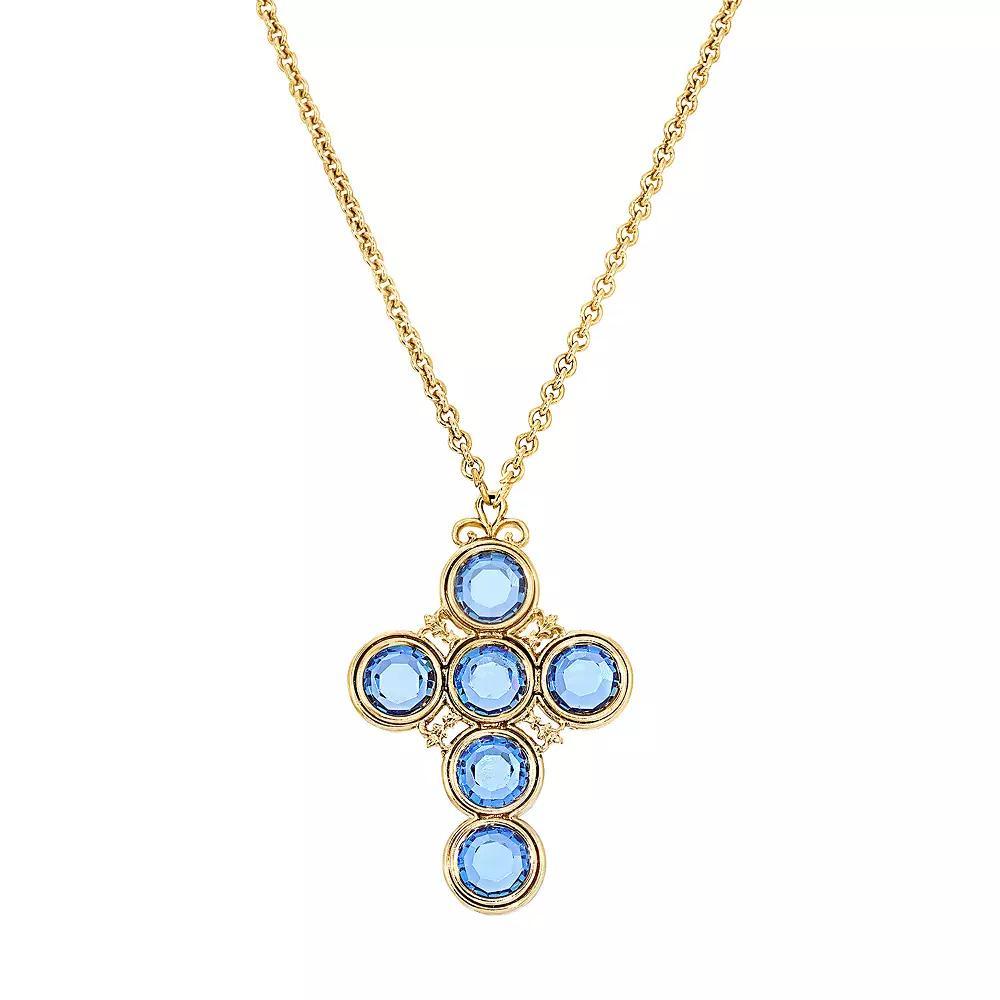 1928 Gold Tone Blue Simulated Crystal Cross Pendant Necklace, Womens Product Image