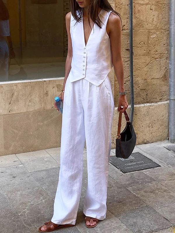 Solid Color  Sleeveless Buttoned Deep V-Neck Vest Top + Pleated Straight Leg Pants Bottom Two Pieces Set Product Image